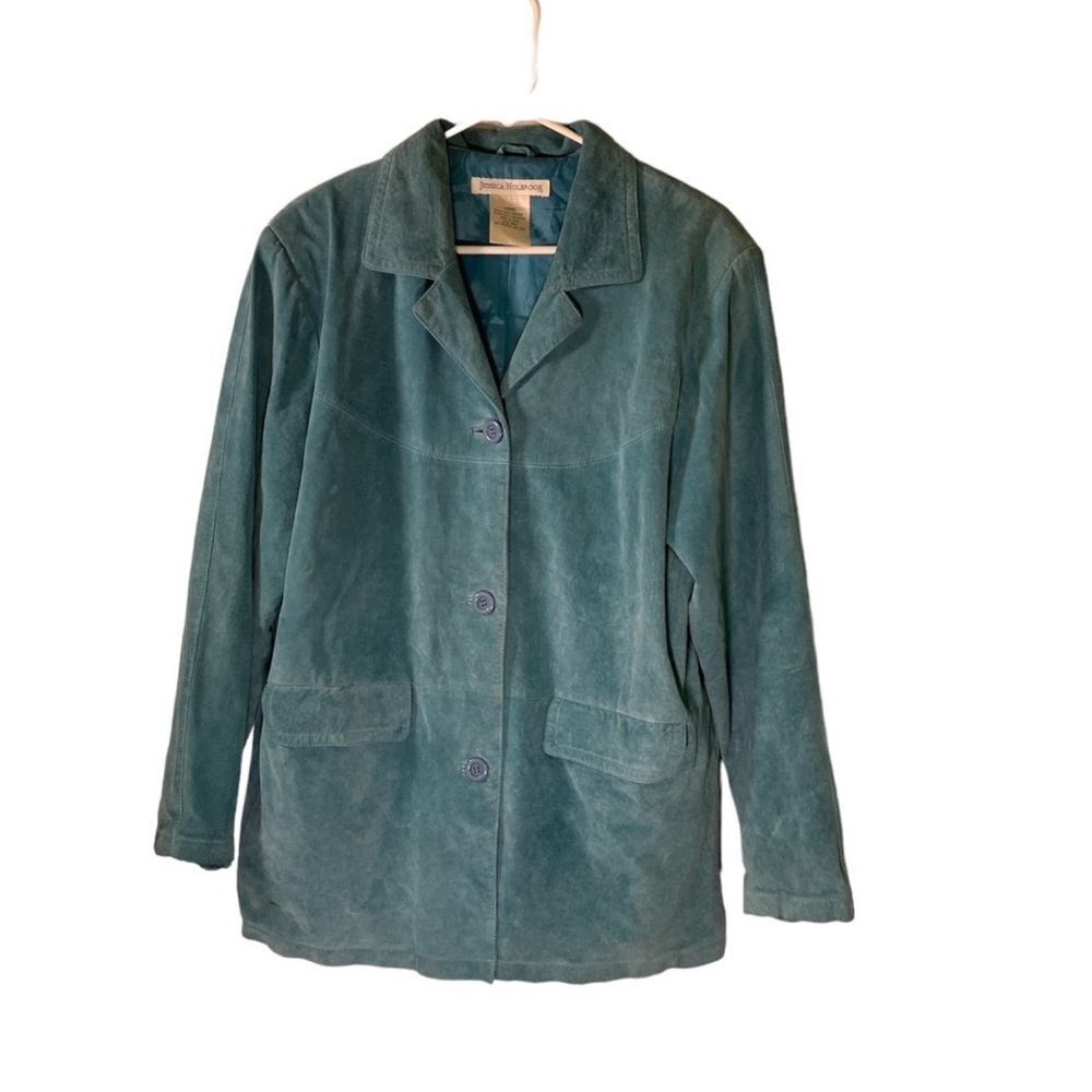 Jessica Holbrook‎ Large Turquoise Leather Suede Jacket Coat